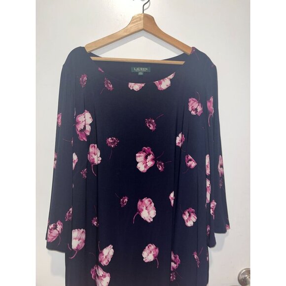 Lauren Ralph Lauren Navy & Pink Floral Print Midi Dress 3/4 Sleeves Scoop Neck - Picture 3 of 10